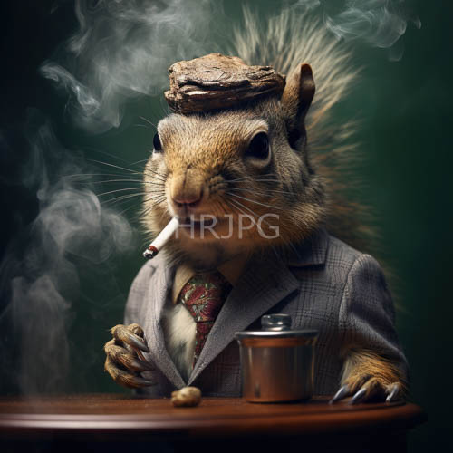 squirrel in gray suit smokes cigarette in antique room setting with metal cup