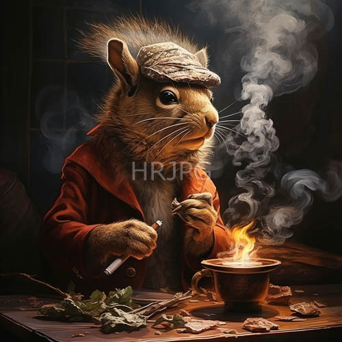 muted forest night with smoldering squirrel amidst steaming cup and leaves