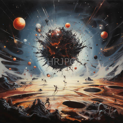 crashing cosmic chaos surrounds fleeing figures on rocky lavalike terrain amidst massive impact craters