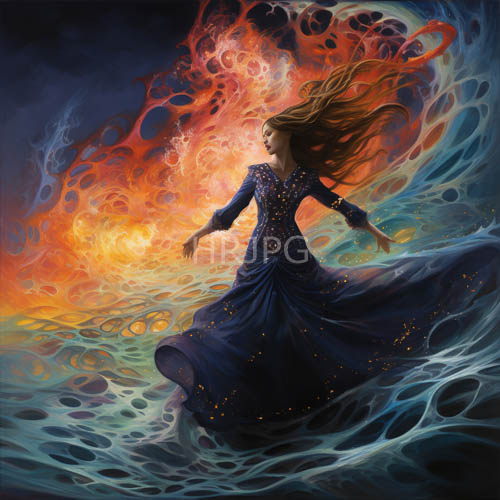 ethereal woman amidst swirling waters and blazing flames in perfect harmony