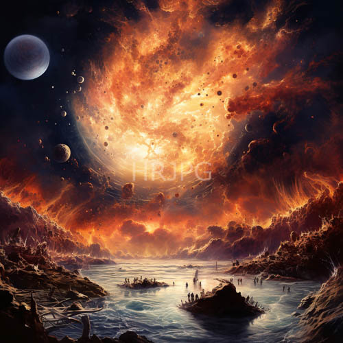fantasy worlds edge fiery skies surround celestial body over rocky shores with ancient ruins