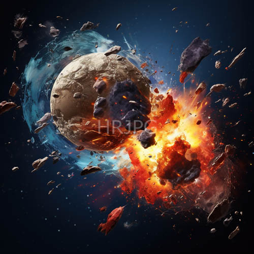 earths beigegray rocky surface shattered by fiery meteor impact in deep space