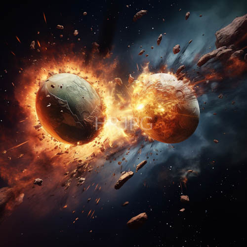 cosmic destruction unfolds in dark space as celestial bodies collide triggering massive fiery explosions