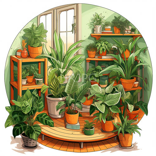 ceramic pots overflow with lush greenery in lightfilled plant room setting with sunlit foliage