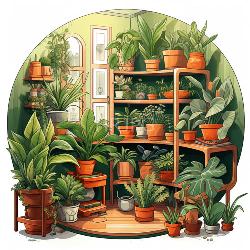 High Resolution: Botanical Shop Interior with Large Monstera Leaves and Delicate Ferns on Wooden Shelves and Floor download. | HRJPG.com