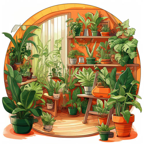 emerald canopy light dances across striated orange walls in botanical sanctuary setting