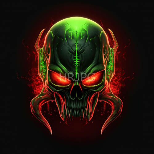 ominous skull emits flickering neon hues in dark fantasy setting