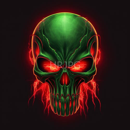 electric skull adorned with jagged cracks and pulsing redorange energy on black background