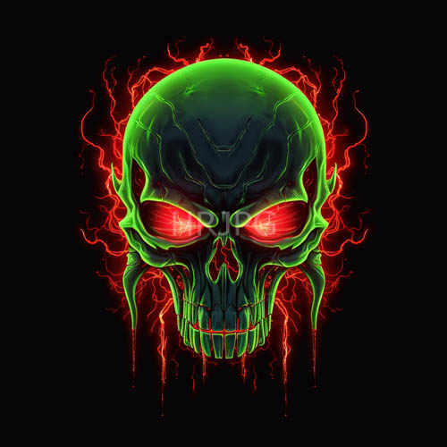 High Resolution: Ethereal Green Skull Silhouette Against Black Backdrop with Jagged GlassLike Cracks download. | HRJPG.com