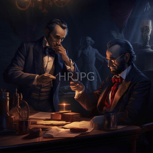 victorian gentlemen engaged in clandestine intellectual pursuits amidst flickering candlelight and chandelier glow