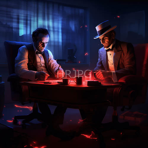 men engaged in intensive intellectual discussion in a dimly lit setting