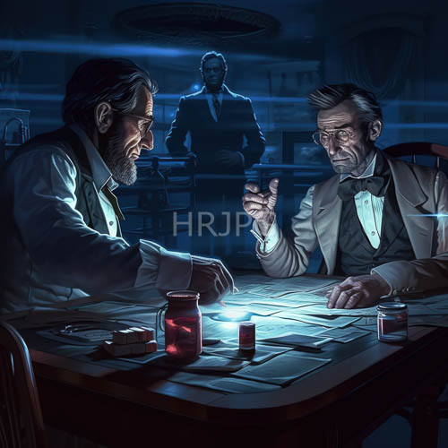 elderly men examine document under magnifying glass in dappled study room light