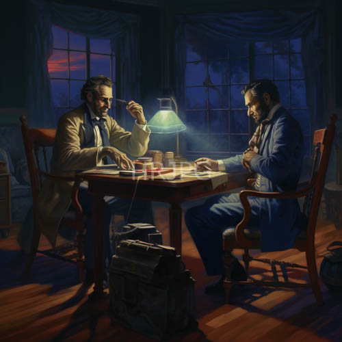 men seated in a room with fading light and shadows on wooden table