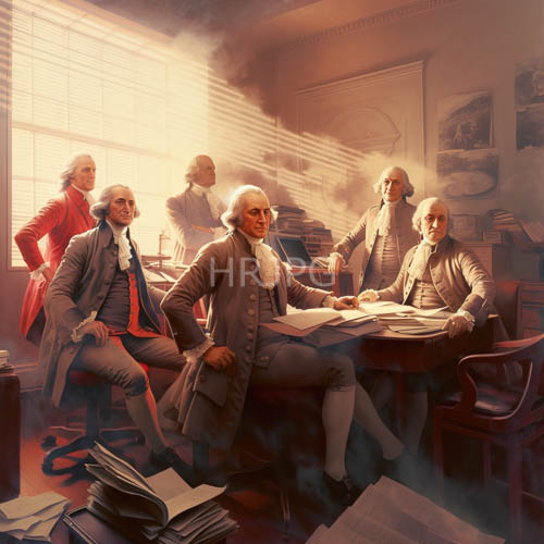 18thcentury men in formal attire examine papers in smokefilled office