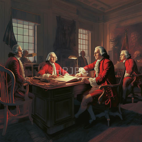 colonialera statesmen sign documents in circle of warmth from lamps