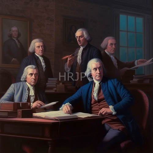men in powdered wigs and period attire deliberate in a 18th century office setting