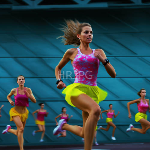 athletic women sprint across indoor stadium with pink and yellow colorblended movement