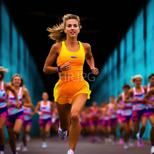 turquoise stripes frame athletic woman leading pack on highspeed jogging track