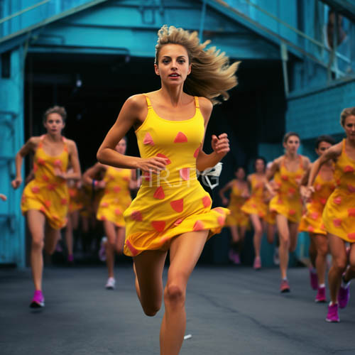 High Resolution: Blonde Runner Dominates Pink Diamond Patterned Dresses on Industrial Blue Runway at Night download. | HRJPG.com