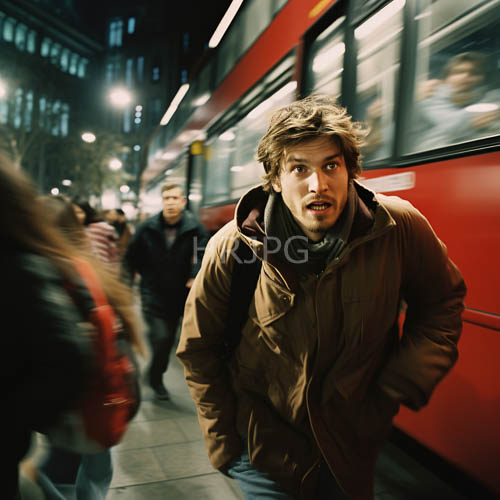bearded young man stands amidst blurred urban motion at twilight