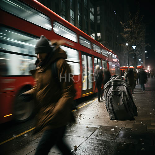 red doubledecker bus navigates through urban night with blurred motion