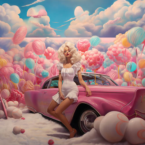 platinum blonde woman leans against vintage car amidst whimsical candycolored clouds