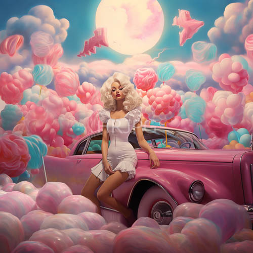 High Resolution: Blonde Woman Leans Against Vintage Car Under Full Moonlit Sky with Floating Balloons and StarShaped Clouds download. | HRJPG.com