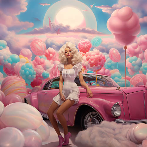 africanamerican woman strikes pose amidst vibrant pastel balloons and vintage pink car