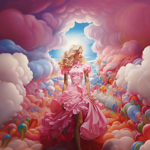 blonde woman stands amidst fluffy clouds in a bright blue sky with vibrant colors