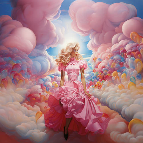 blonde woman amidst pastel hued clouds with fluffy textures and contrasting heels