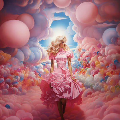 High Resolution: Pink Ruffled Dress Flows Around Woman on Pathway Constructed of Fluffy Balloons download. | HRJPG.com