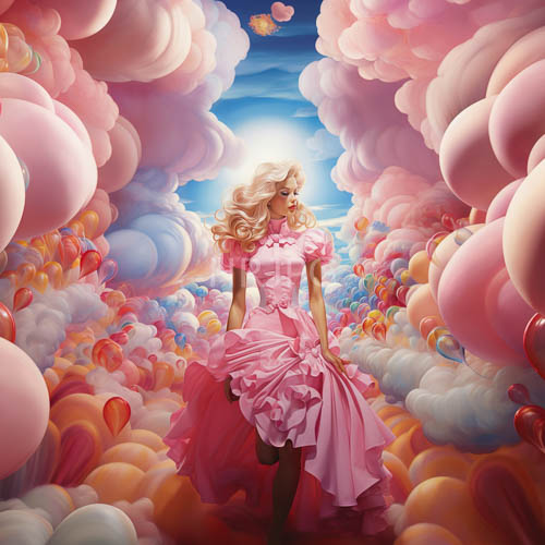 cloudfilled landscape with a woman in a pink ruffled dress and black stockings in a world of pastel balloons and bright blue sky