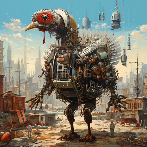 mechanical bird emerges from postapocalyptic ruins amidst surveillance drones