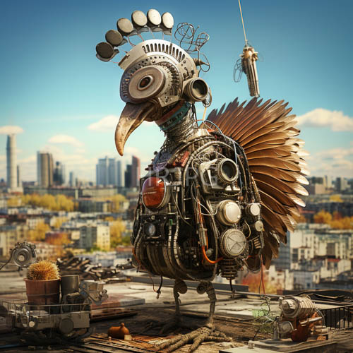 steampunk bird robot dominates rooftop with industrialized cityscape