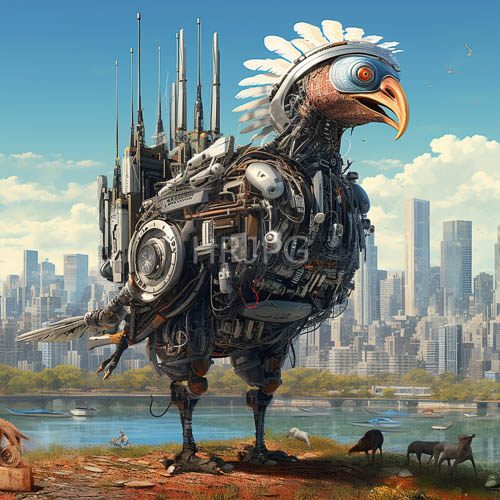 High Resolution: Robotic Bird Perched on Grassy Bank Amidst Reflected City Skyline download. | HRJPG.com