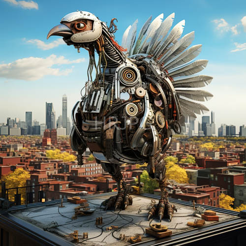 mechanical bird robot surveys metal cityscape beneath autumntinged trees