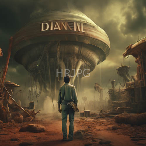 astronaut stands beside ancient alien ship amidst red desert ruins and cloudy sky