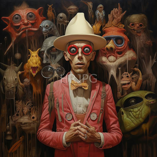 elderly man in pink suit jacket commands attention with striking red circular glasses and crisp white hat amidst dark unsettling background