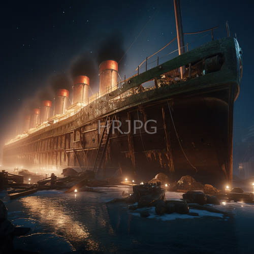 decaying steamship on frozen shoreline under starry night skies illuminated by flickering yellow lights