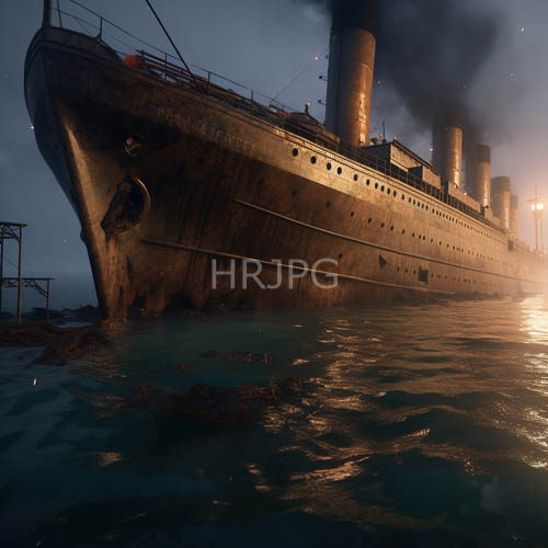 rusted ocean liner battles turbulent water and fading streetlights amidst smoldering smoke