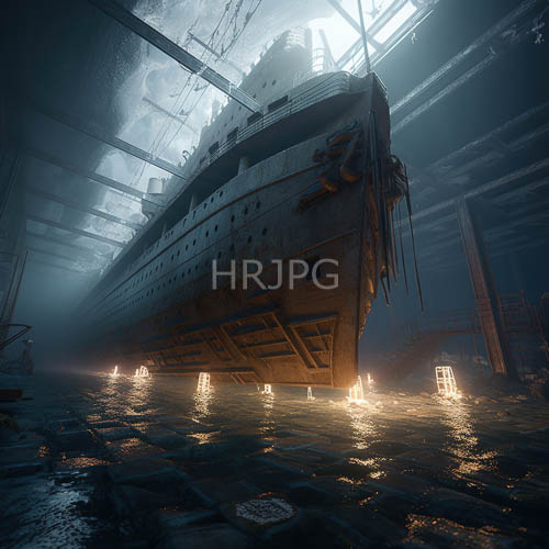 High Resolution: Massive Rusted Ship Bow Cuts Through Foggy Industrial Warehouse Atmosphere download. | HRJPG.com