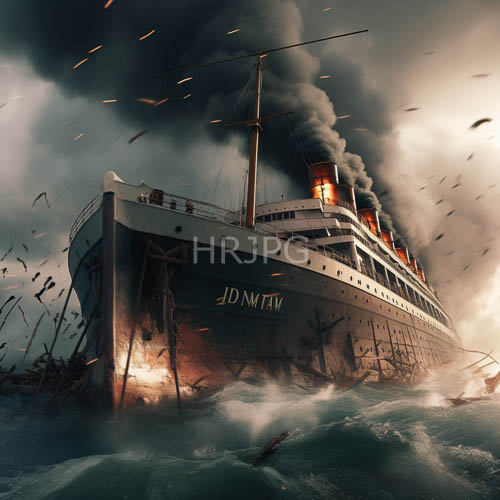 ocean liner battles turbulent stormy seas in fiery embers of decaying iron