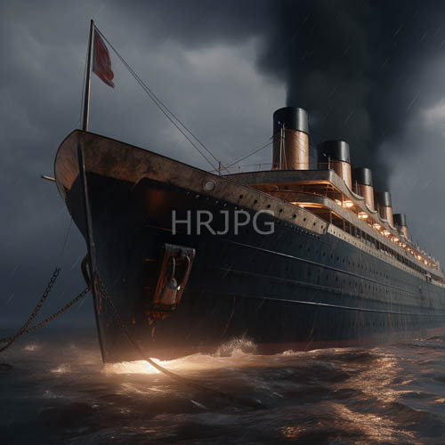 dark blue ocean liner cuts through stormy night with warm interior light contrasting cold dark water