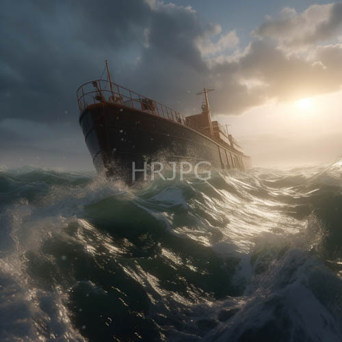 frayed hull of weathered vessel riding stormy open ocean waves