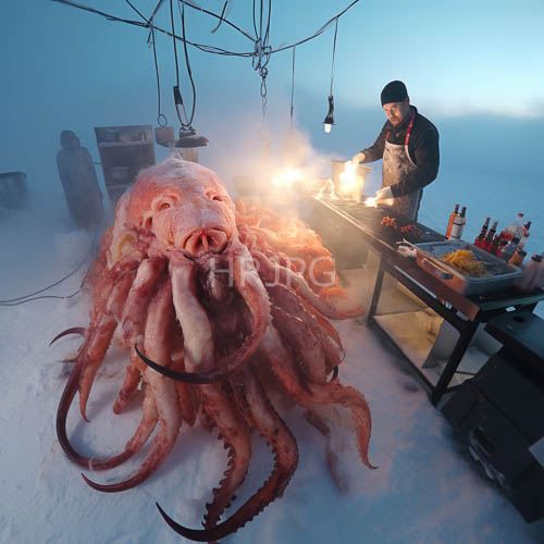 High Resolution: Frozen Octopus Display on SnowCovered Arctic Market Stall Amidst Dusk download. | HRJPG.com