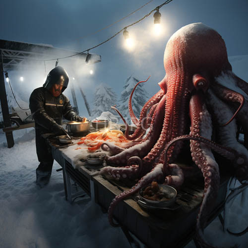 arctic expedition culinary preparation with exotic octopus guest in snowy landscape