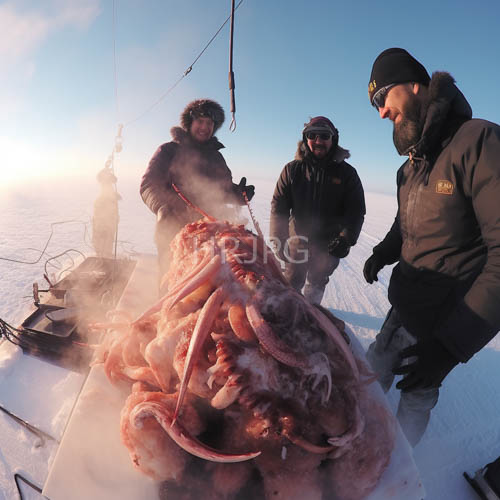 men in winter gear examine frozen whale carcass on icy arctic landscape at sunset