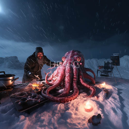 elderly man cooks over campfire beside large pink octopus on snowcovered arctic terrain at night