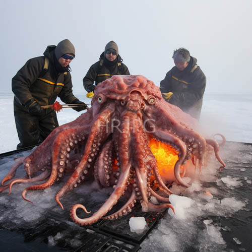 frozen landscape researchers roast pink octopus over glowing orange embers on black metal trays amidst icy chunks and fog