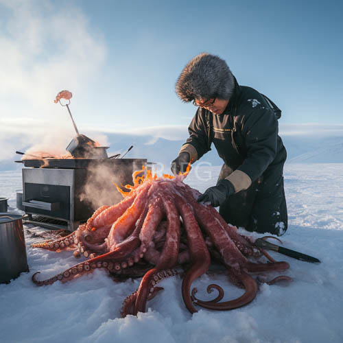High Resolution: Inuit Man Prepares Octopus on Snowy Arctic Ground Under Clear Blue Sky download. | HRJPG.com